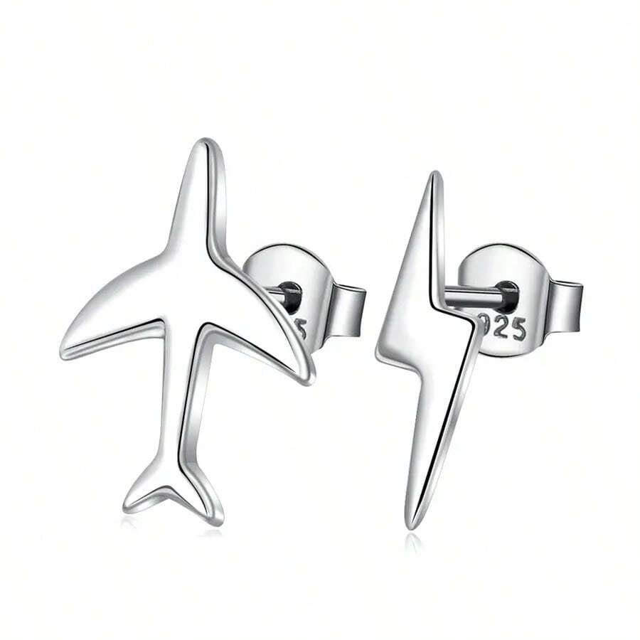 925 Sterling Silver Fashionable Exquisite Plane & Lightning Bolt Earrings, Versatile And Hypoallergenic
