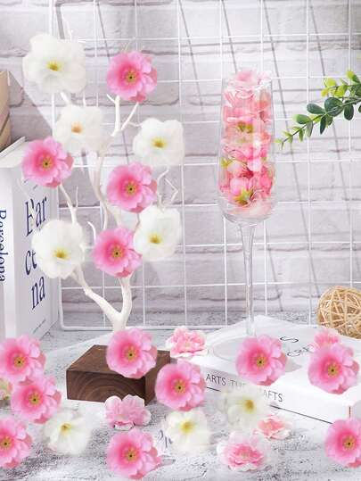 20 Pcs Cherry Blossom Petals Artificial Cherry Blossom Fake Cherry Blossom Flowers Peony Daisy Decor Sakura Floral Head Decor For Dress DIY Accessories Wedding Party Supply,Fall Decor,Autumn