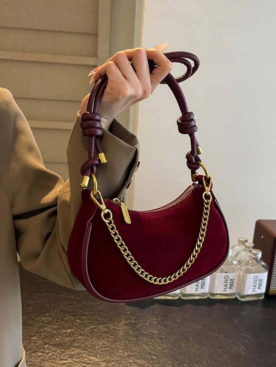 Mini bolso mate liso con decoración de cadena y forma de media luna para el hombro/cruzado