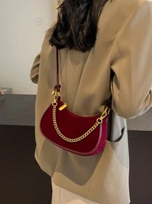 Mini bolso mate liso con decoración de cadena y forma de media luna para el hombro/cruzado