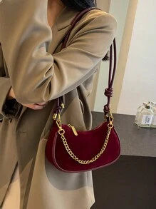 Mini bolso mate liso con decoración de cadena y forma de media luna para el hombro/cruzado