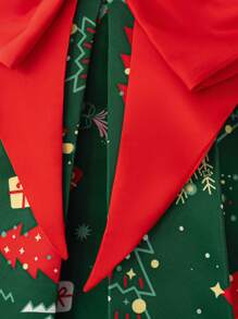 Baby Girls' Christmas Party Cap Sleeve Red Bow Decor Christmas Dress, Suitable For Party