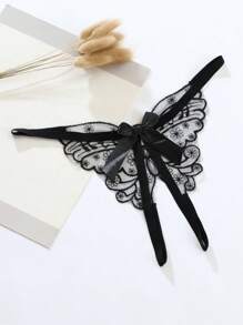 AB. Fashionable Sexy Lingerie With Embroidered Butterfly, Transparent T-Pants, Open Crotch Panties, Low Waist Bowknot, Alluring Thong For Going Out - Black - View 3