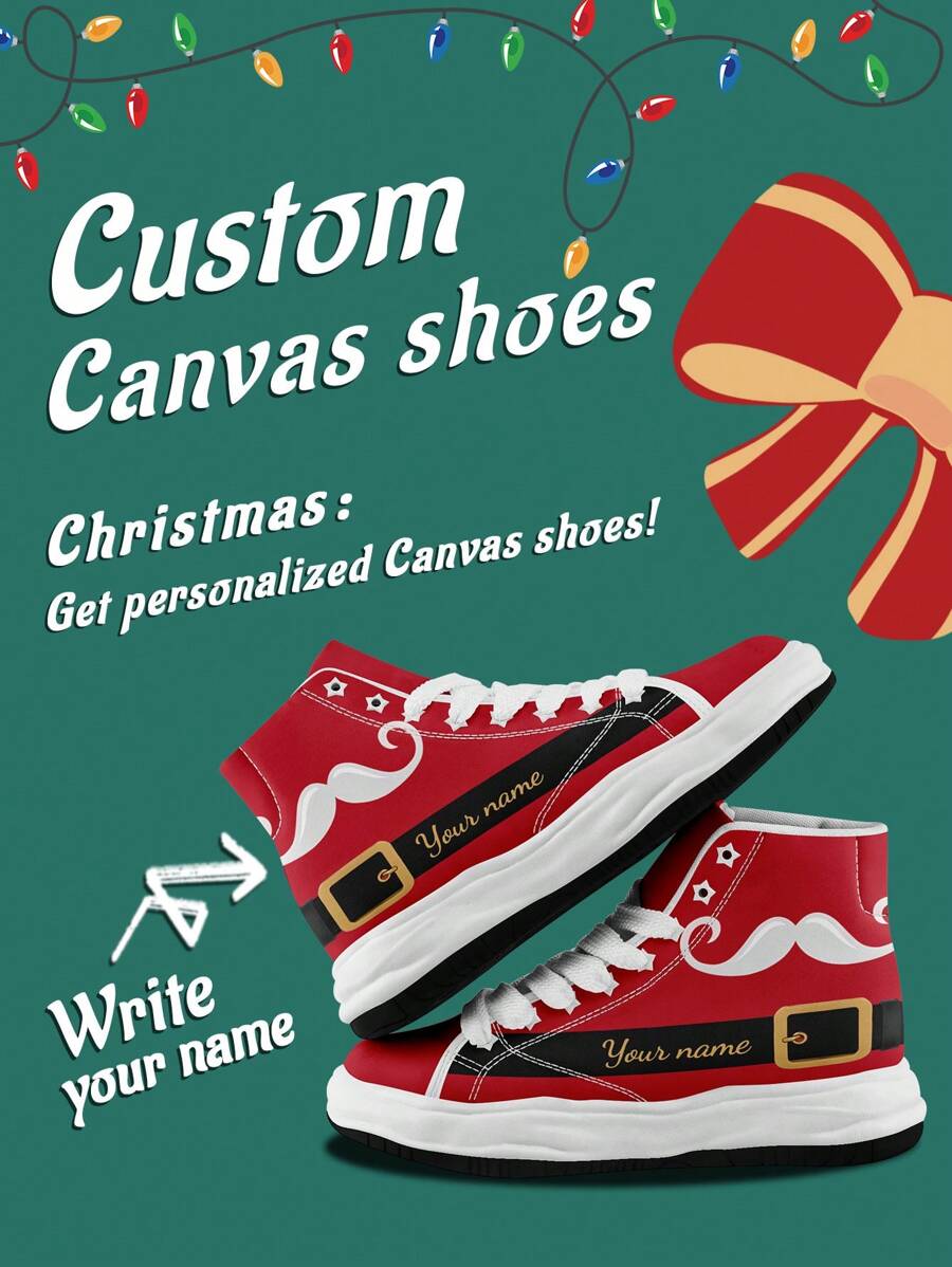 1 Pair Belt Christmas Gift Custom High Top Sneakers, Personalized Christmas Hat Name Sneakers, Custom Christmas Gift Thick Sole Sneakers, Personalized Santa High Top Canvas Shoes, Santa Hat Name Sneakers, Personalized Sneakers For Women And Men, Personalized Sports And Casual Shoes, Christmas Gift For Mom/Dad/Her/Him/Girlfriend/Boyfriend/Wife/Husband/Friend - White - View 1