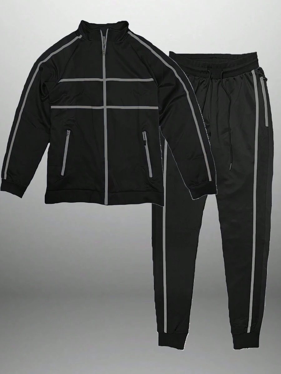 Mens Stripe Tape Zip Up Jacket And Jogger Set Co-Ord Long Sleeve Two-Piece Set - 黑色 - 查看 1
