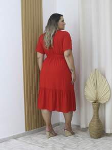 Plus Size Midi Dress With Button V-Neckline - Red - View 3