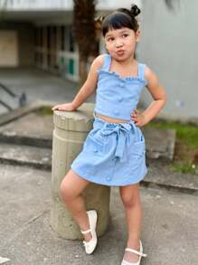Linen Cropped Skirt And Shorts Set - 淺藍色 - 查看 1