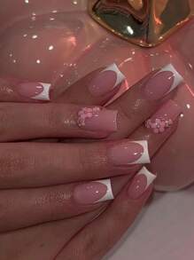 提升您的风格，24 件中号方形白色法式尖头按压指甲，3D 花朵设计，完美贴合亚克力假指甲套装，包含 1 件果冻胶和 1 件指甲锉，易于佩戴的法式尖头指甲，适合女性和女孩日常佩戴狂欢派对使用美甲用品指甲 - 彩色 - 查看 7