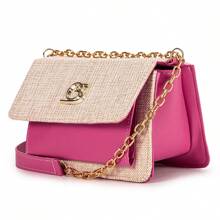 Le Boy Women's Fabric Bag, Small, Elegant, Luxurious, Everyday, Party, Outing, Smooth Synthetic Strap And Shoulder And Crossbody Chain, Magnetic Closure, Crafted In Fabric And Synthetic PU, 2 Internal Pockets, 1 With Zipper Closure And 2 External Pockets. Gaby Show - Màu Hồng Tươi - Xem 3