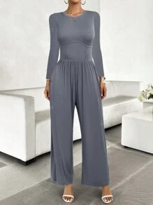 Hoge taille, wijde pijpen jumpsuit met ronde hals en rits, flatterende effen kleur voor de herfst