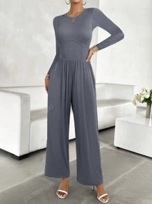 Hoge taille, wijde pijpen jumpsuit met ronde hals en rits, flatterende effen kleur voor de herfst