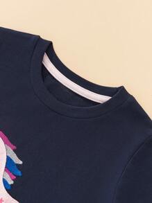 Young Girls Long Sleeve T-Shirt, Cartoon Unicorn Embroidered Pattern, Fashionable For Autumn & Winter - Navy Blue - View 3