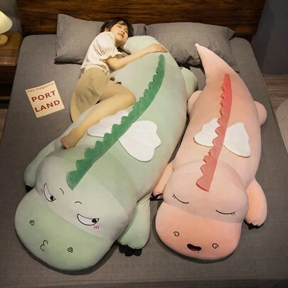 1pc Cute 90cm Dinosaur Plush Long Pillow, Green Dragon Soft Stuffed Doll Cushion, Bedroom Sleeping Pillow, Children's Birthday Gift