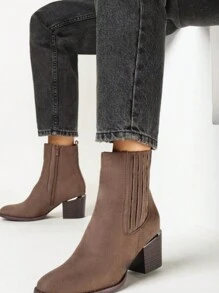 Plain Color Side Zipper Minimalist High Heel Boots, Casual Everyday Wear - Khaki - View 2