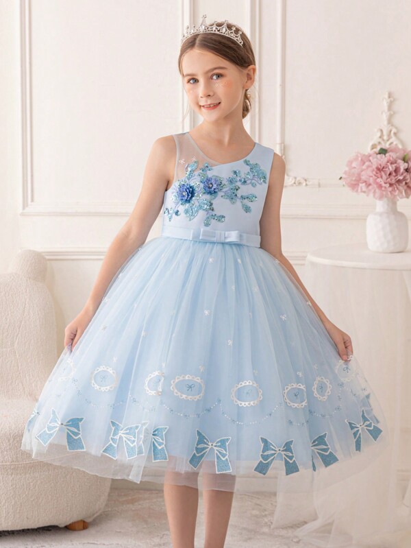 Girls' Cute & Elegant Sequin Bowknot Print Princess-Style Party Dress, Suitable For Parties, Performances, Events, Parades, Birthday Banquets, Stages, Concerts