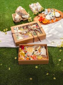 4 件（2 件野餐盒+2 件防油纸）棕色棕色棕色纸胶带盖带透明窗口多功能蛋糕烘焙、炸鸡、披萨、三明治、水果储物盒，适用于野餐、露营、户外、派对、生日、披萨店、炸鸡店。 - 棕色 - 查看 4