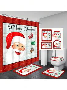1 cái/4 cái Phông nền gỗ Giáng sinh vui vẻ Ông già Noel Rèm tắm phòng tắm chống thấm nước đa năng có 12 móc, Thảm chống trượt, Thảm trải sàn hình chữ U và Nắp bồn cầu tròn, Bộ phòng tắm cho mọi dịp - Nhiều màu - Xem 1