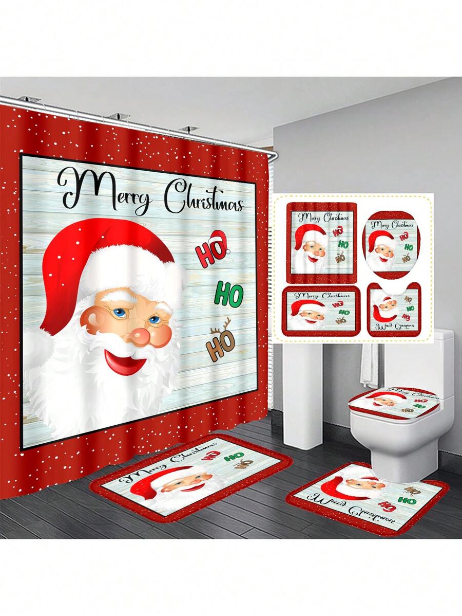 1 cái/4 cái Phông nền gỗ Giáng sinh vui vẻ Ông già Noel Rèm tắm phòng tắm chống thấm nước đa năng có 12 móc, Thảm chống trượt, Thảm trải sàn hình chữ U và Nắp bồn cầu tròn, Bộ phòng tắm cho mọi dịp - Nhiều màu - Xem 1