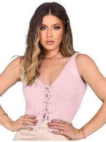 Cropped Top Modal Knit Tank Top Tie New Release - Màu Hồng baby - Xem 1