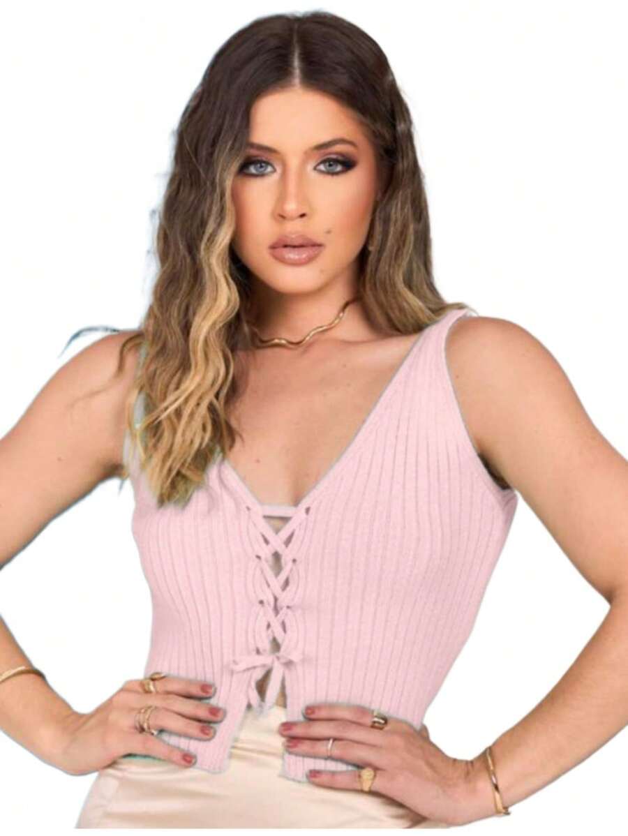 Cropped Top Modal Knit Tank Top Tie New Release - Màu Hồng baby - Xem 1