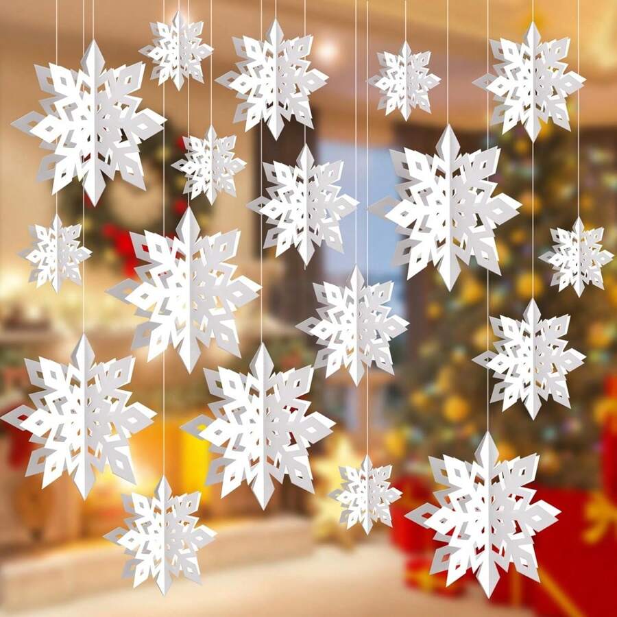 6/12/18Pcs 3D Hanging Snowflake Decorations, 3 Sizes Paper Snowflakes Ornaments For Christmas, Xmas Tree, Winter Wonderland Parties Decor