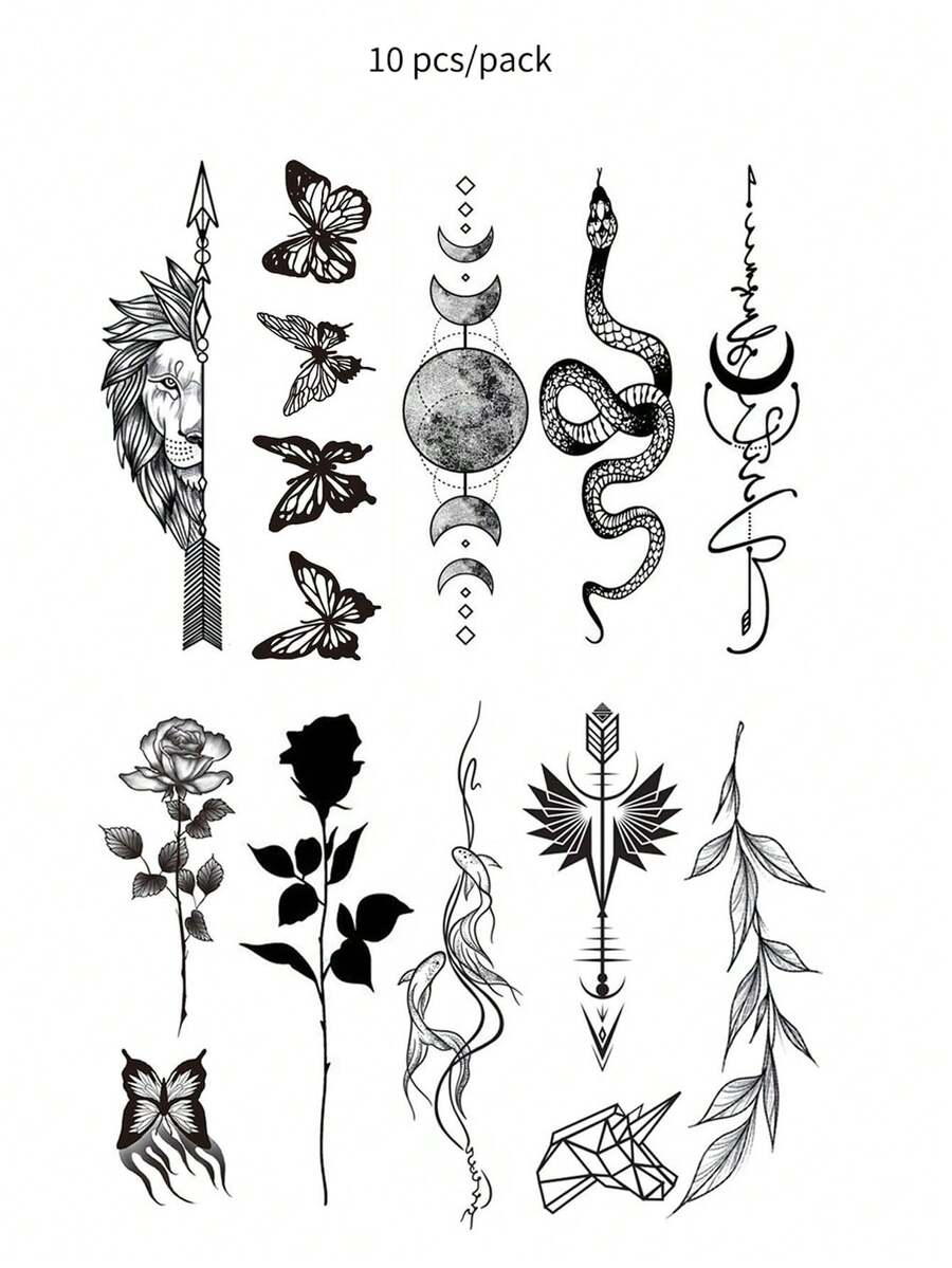 10pcs Waterproof Temporary Tattoos For Women Men, Moon, Butterfly