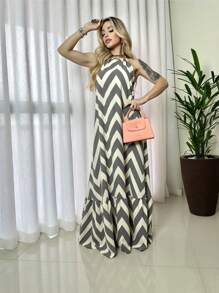 Long Zig Zag Striped Halter Dress. - Light Grey - View 3