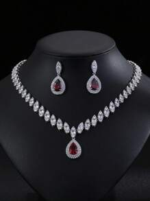 3 件/套方晶锆石项链耳环套装婚礼珠宝派对女士水滴节日饰品 - 水滴 - 查看 8