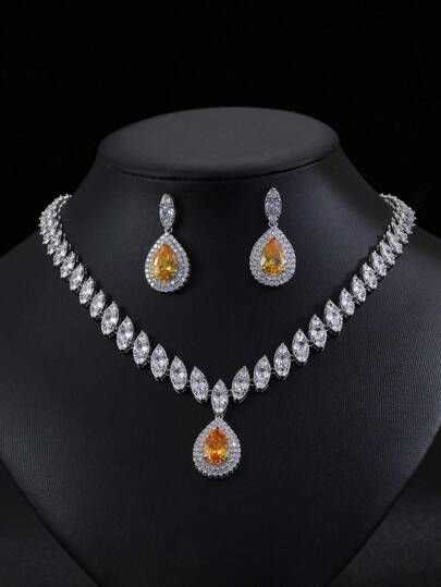 3pcs/Set Cubic Zirconia Necklace Earrings Sets Wedding Jewelry Party For Women Water Drop Festive Wear