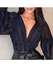 Women's Lurex Bodysuit With Long Sleeves And Sheer Neckline - 黑色 - 查看 1