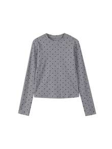 韩版修身圆领波点印花修身长袖T恤上衣随机图案秋季 - 灰色 - 查看 5