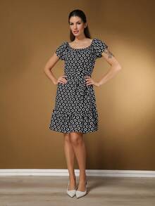 Women's Short Off-The-Shoulder Dress With Floral Print - 黑色 - 查看 4