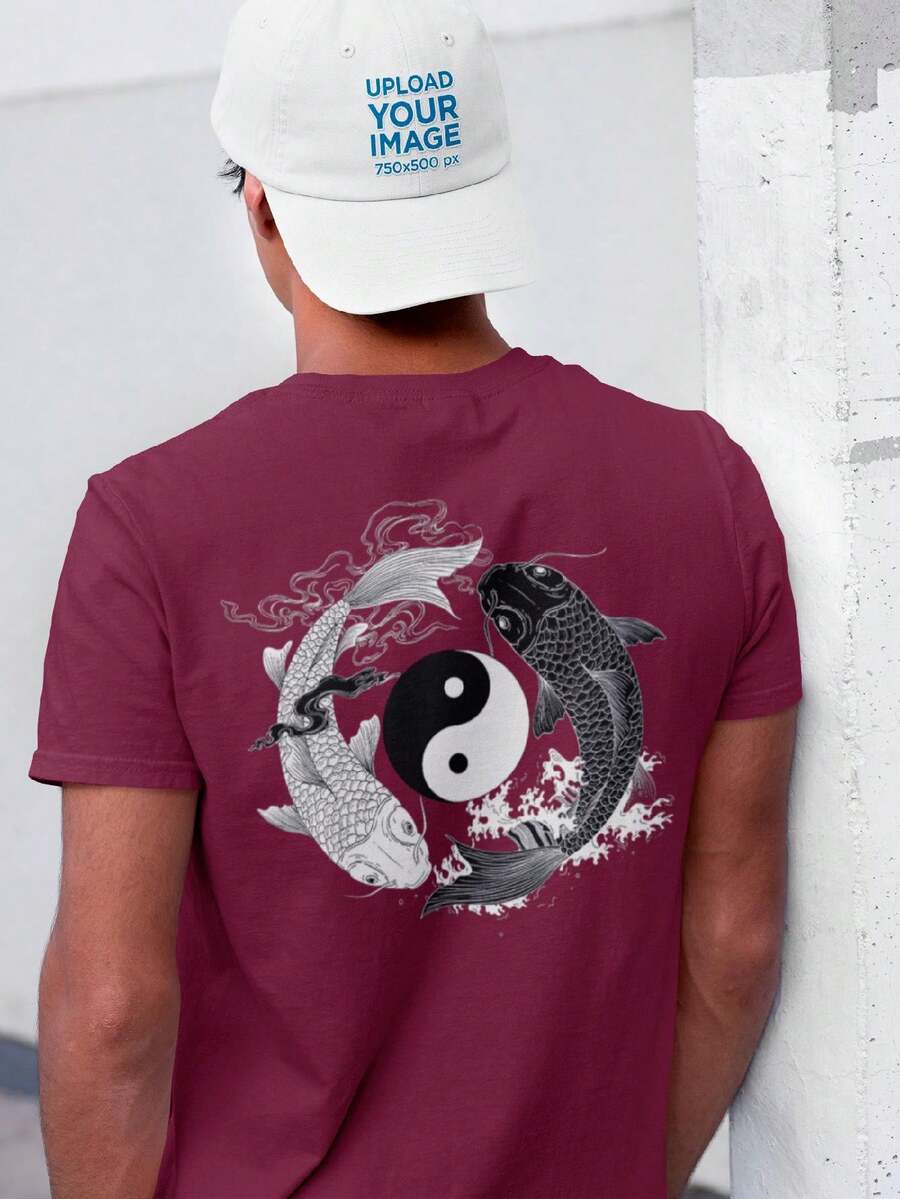 Men's T-Shirt 100% Cotton Premium Yin Yang Carps Streetwear Shirt - 紫紅色 - 查看 1