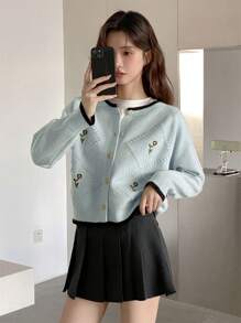 复古花朵刺绣设计女式毛衣开衫，秋冬季，适合日常通勤，长袖上衣