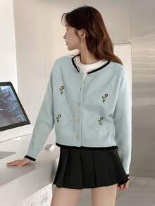 复古花朵刺绣设计女式毛衣开衫，秋冬季，适合日常通勤，长袖上衣