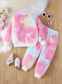 Chatreadl Bộ 2 món áo nỉ cổ tròn thêu họa tiết kỳ lân nhuộm loang cho bé gái, mùa thu/đông - Nhiều màu - Xem 2