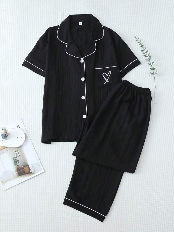 2 Pieces Set Women Solid Color Trimmed Contrast Collar Pocket Heart Embroidery Short Sleeve Button Blouse & Bowknot Pants Pajama Home Lounge Set, Two Pieces Set