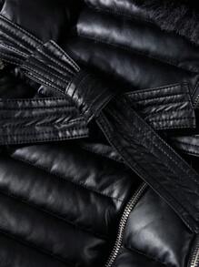 Giolshon Women's Fall/Winter Faux Leather Puffer Jacket, Faux Fur Collar,Teacher Outfits , Adjustable Belt For Chic Commuting & Layering - Black - View 7