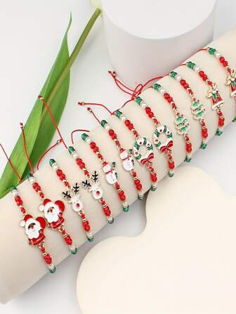 12 件套可爱圣诞老人、驯鹿、雪人、花环、圣诞树、铃铛手链、圣诞派对配件、节日礼物