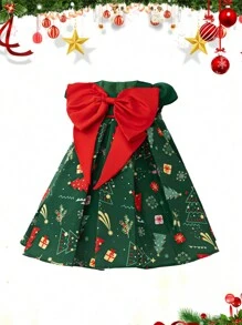 Baby Girls' Christmas Party Cap Sleeve Red Bow Decor Christmas Dress, Suitable For Party