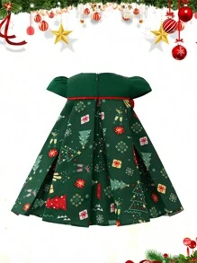 Baby Girls' Christmas Party Cap Sleeve Red Bow Decor Christmas Dress, Suitable For Party