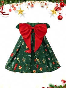 Baby Girls' Christmas Party Cap Sleeve Red Bow Decor Christmas Dress, Suitable For Party
