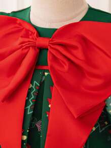 Baby Girls' Christmas Party Cap Sleeve Red Bow Decor Christmas Dress, Suitable For Party