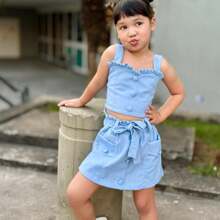 Linen Cropped Skirt And Shorts Set - 淺藍色 - 查看 2