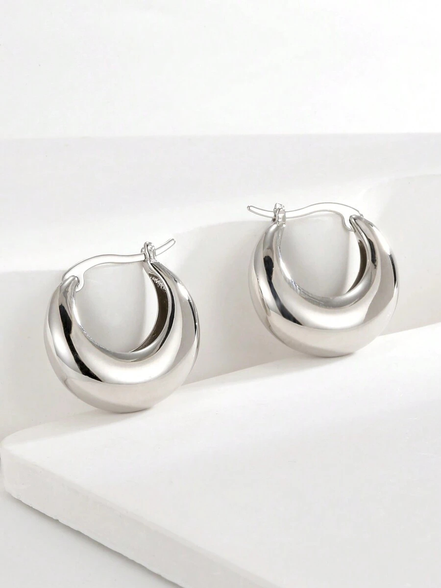 Charm-In 1 Pair Of Sliver Gold Plated Chunky Hoop Earrings For Women - Hypoallergenic And Non-Fading Round Ear Hoops Gift For Her - Silver - View 1