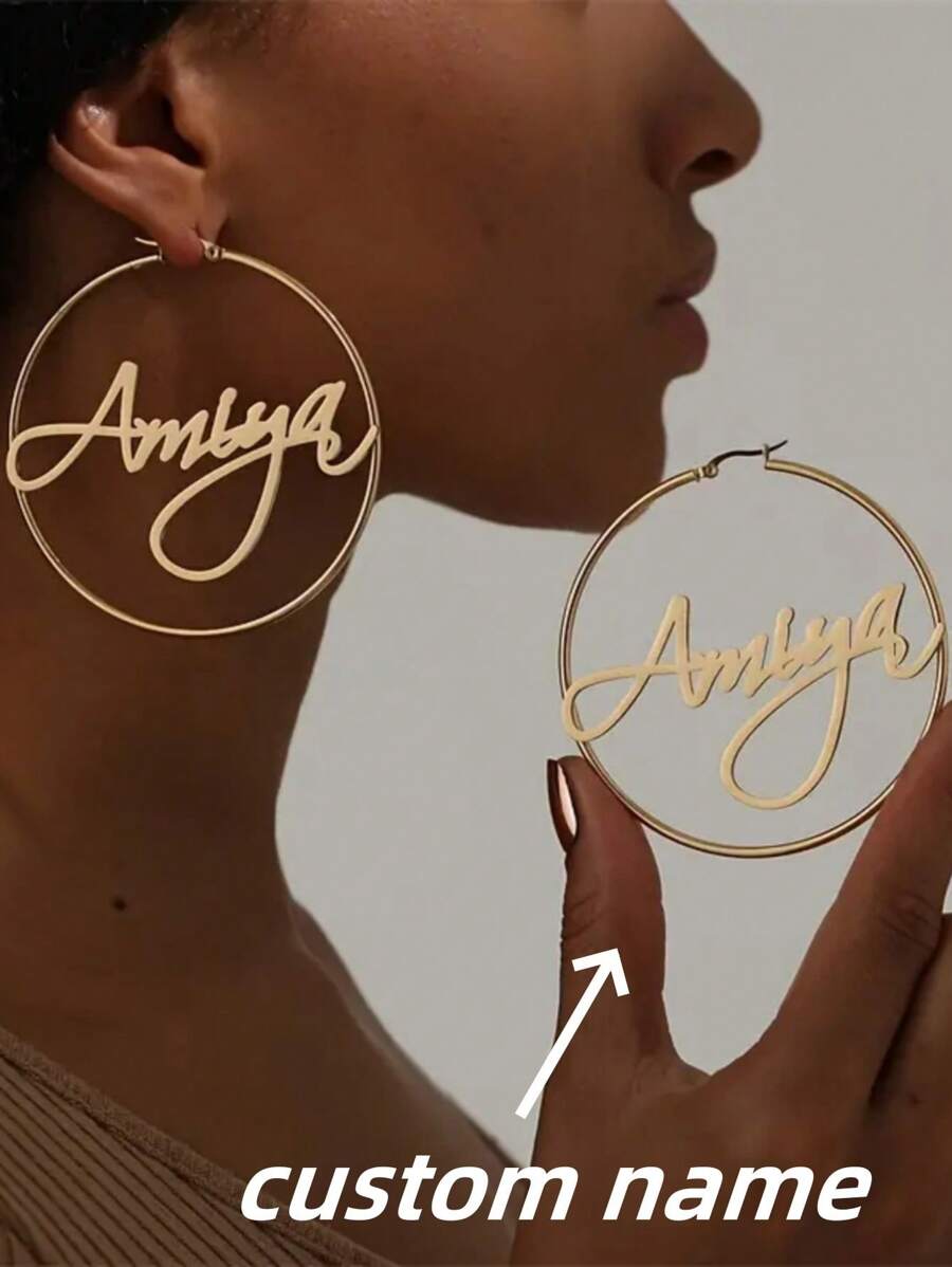 1 Cặp Vàng Bạc Nhiều Kiểu Tùy Chọn Tên Vòng Hoa Tai Bằng Thép Không Gỉ Thời Trang Phóng Đại Punk Cổ Điển Vàng Tên Vòng Hoa Tai Nữ Trang Sức Cá Nhân Quà Tặng Đám Cưới Phù Dâu Trang Sức Làm Thủ Công - Vàng(7cm) - Xem 1