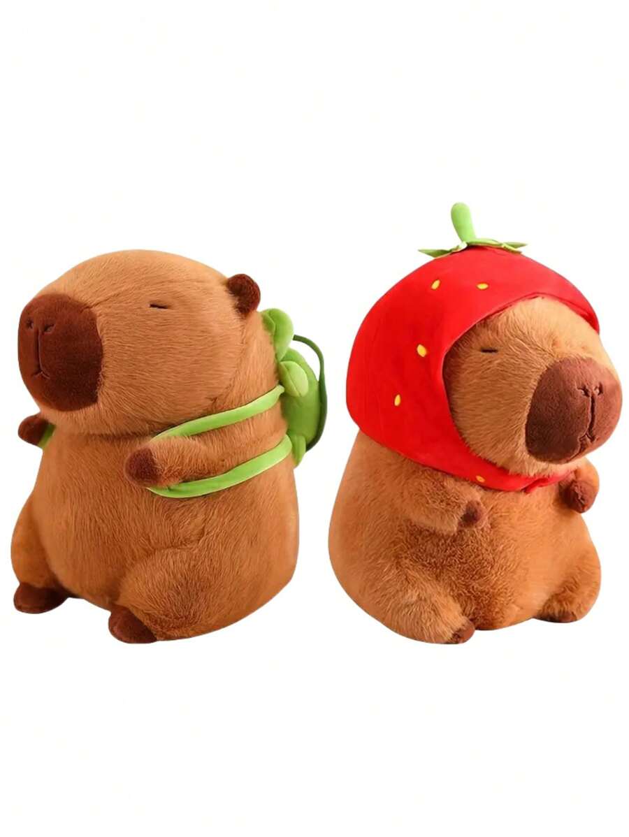 23 厘米/9.05 英寸 可爱水豚毛绒玩具 可爱的毛绒动物毛绒玩具 柔软卡通可拆卸水豚带草莓帽和乌龟背包 家居装饰 圣诞节生日礼物 适合家人和朋友 - 棕色 - 查看 1