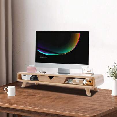 LOYALHEARTDY Bamboo Monitor Stand Riser, No Assembly Required Exquisite Monitor Stand With Drawer, Ergonomic Height Wood Monitor Stand