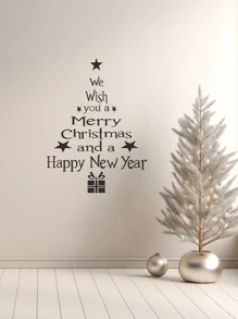 Pegatina de pared navideña - "Le deseamos una Feliz Navidad y un Próspero Año Nuevo" - Diseño de caja de regalo y estrella festiva - Tamaño 20x26 pulgadas de vinilo - Decoración navideña perfecta para el hogar, la sala de estar, el dormitorio y la entrada