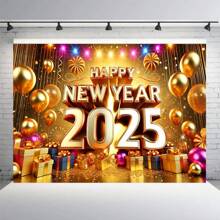 2025 年新年快乐横幅 - 金色烟花设计，涤纶，非常适合室内庆祝和节日聚会